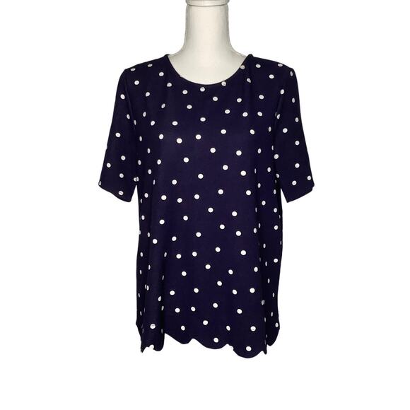 Andree by Unit Navy White Polka Dot Blouse Top Scalloped Medium - Picture 1 of 9